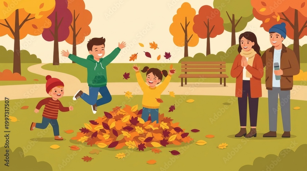 Fototapeta premium Children playing joyfully in an autumn park filled with colorful leaves
