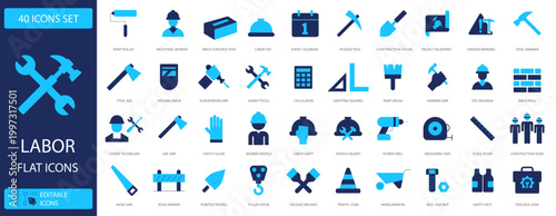 40 Labor Flat Icons Set, essential construction and industrial tools, worker symbols, and equipment vector collection, perfect for web design and mobile apps.