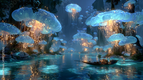 Surreal Water Dreamscape with Crystal Rivers Floating Islands and Moonlit Ocean