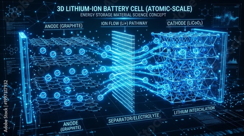3D illustration of a lithium ion battery cell with anode cathode and ion flow pathway