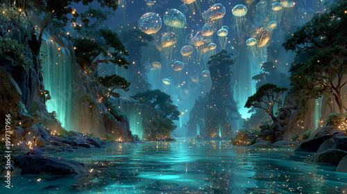 Surreal Water Dreamscape with Crystal Rivers Floating Islands and Moonlit Ocean