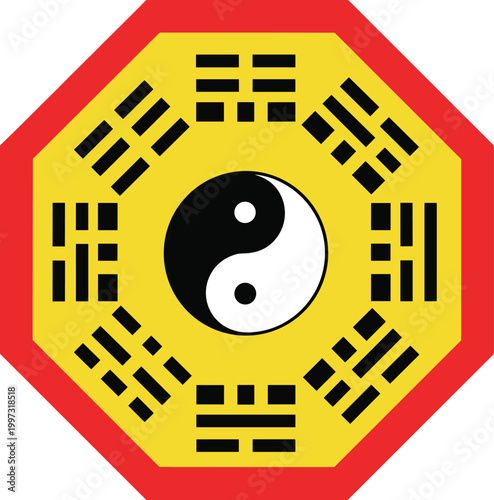Feng Shui Bagua Symbol with Yin Yang and Trigrams in Octagonal Design for Chinese Philosophy, Spiritual Balance, and Traditional Cultural Illustration