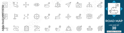 Business road map line icon set featuring strategy, path, milestone, growth, plan, success, and mission. Professional editable vector illustration.

