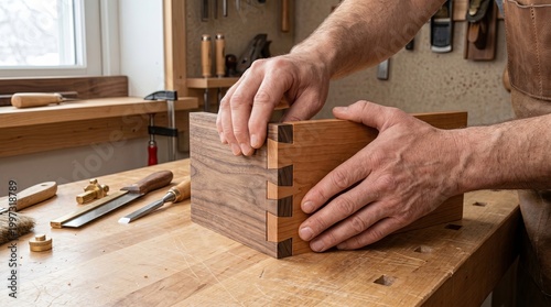 Master woodworker diligently fitting and securing corner joints on wellused workbench