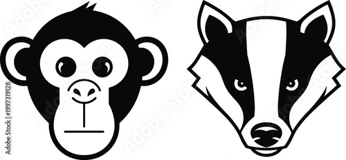 Monkey and Badger Animal Head Icon Set in Black and White Style for Wildlife Illustration, Mascot Design, and Nature Themed Graphic Elements