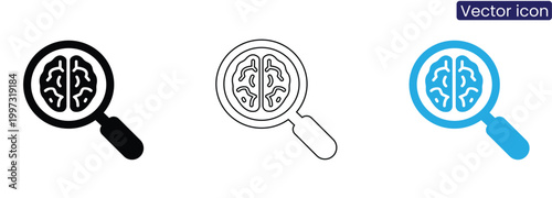 Magnifying glass brain icons in black line and blue on white background