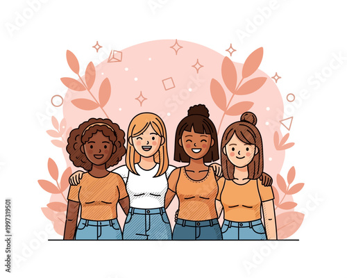 A diverse group of four young women standing together with their arms around each other, smiling warmly.