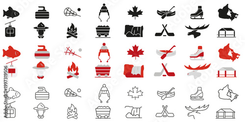 Set of icons with symbols of Canada. For tourism projects, souvenir products, printing.