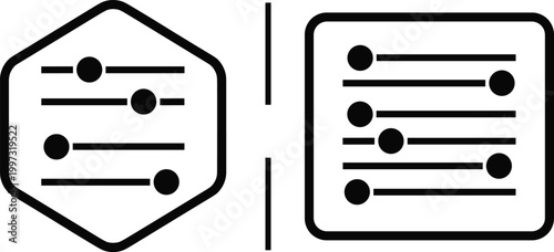 Settings and Control Panel Icon Set with Sliders in Hexagon and Square Shapes for User Interface Design, App Controls, and System Configuration