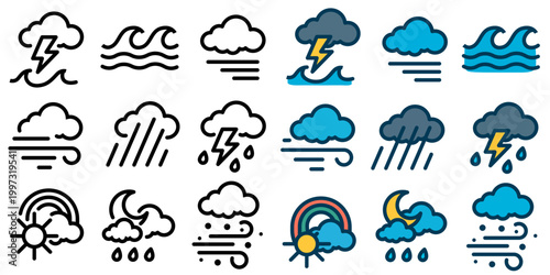 A set of weather icons in various styles line art, colored, and filled. 10 EPS.