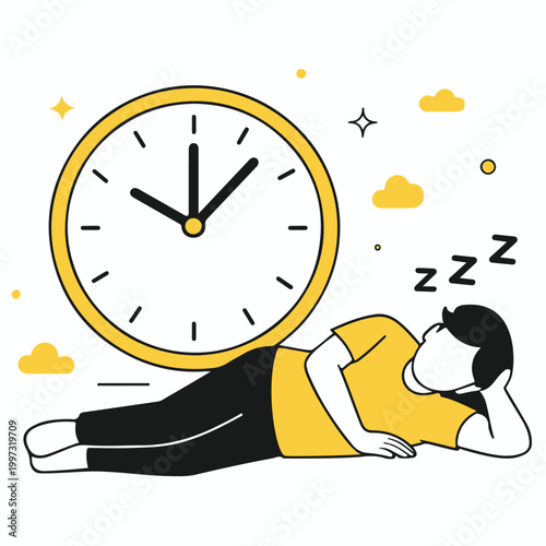 sleeping man with clock insomnia time vector illustration