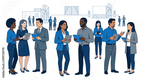 Diverse business professionals collaborate and network while using digital tablets in a modern corporate setting