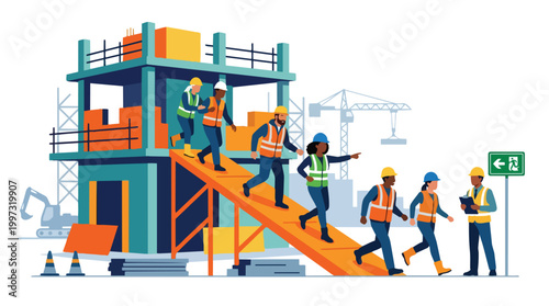Construction Site Workers Team Moving Down Ramp Industrial Building Project Safety Vector Illustration