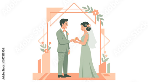 A smiling bride places a wedding ring on the finger of her groom while standing under a modern floral archway