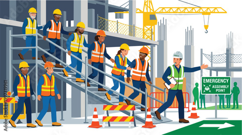 Construction Site Emergency Evacuation Illustration Diverse Workers Assembly Point Safety Procedures Vector Graphic