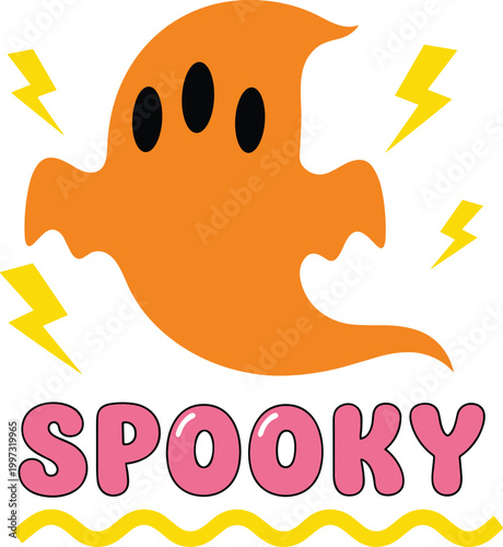 Spooky Halloween Ghost Illustration with Lightning Elements and Fun Typography Text for Holiday Decorations, Party Graphics, and Seasonal Design