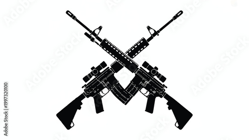 Two crossed black assault rifles forming an X shape on a plain background