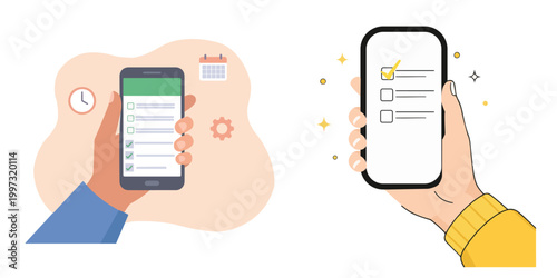 Mobile hand vector illustration with checklist and settings