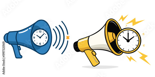 Megaphone vector illustration with clock and sound waves