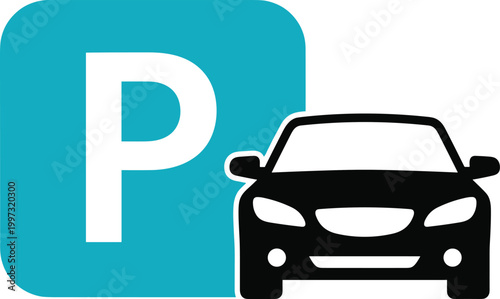 Parking Sign Icon with Car Silhouette and Letter P Symbol for Vehicle Parking Area, Transportation, Road Signage, and Navigation Design