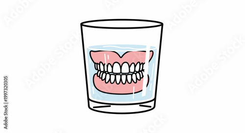 A cartoon illustration of a full set of dentures soaking in a clear glass of water on a white background.
