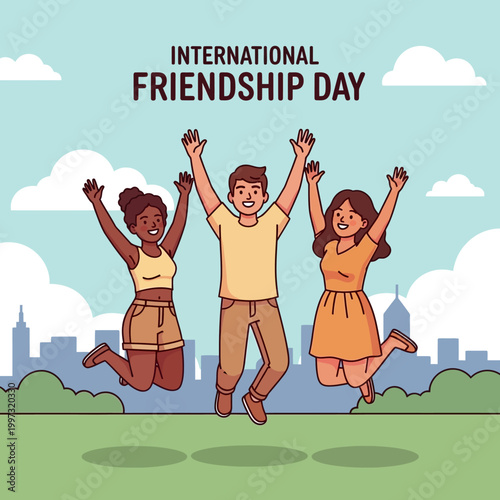 Three diverse friends joyfully jumping in the air celebrating International Friendship Day with a city skyline in the background.