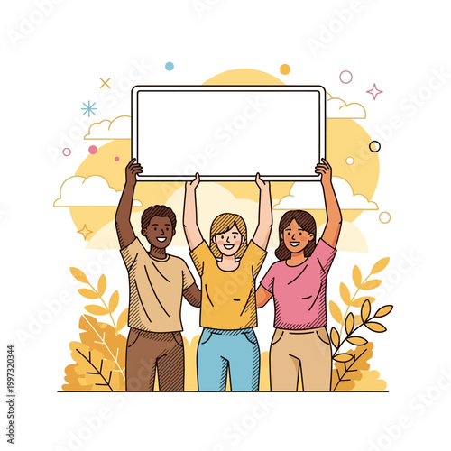 Three diverse people holding a blank sign together, symbolizing unity and shared purpose.