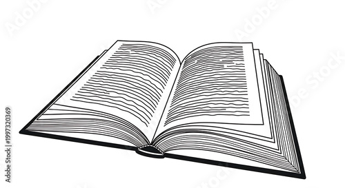 Open book with blank pages and visible binding, style