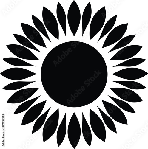 Detailed Sunflower Silhouette Icon with Layered Petals in Black Minimal Style for Floral Design, Nature Themes, Organic Branding, and Vector Graphic Elements