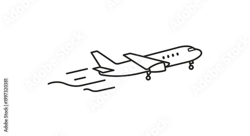 Line art illustration of an airplane taking off, depicting motion and travel.