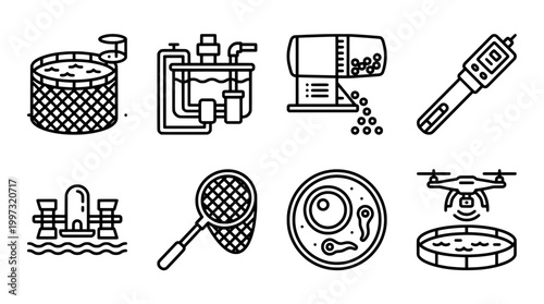 Aquaculture icons collection of line art elements for fish farming and research