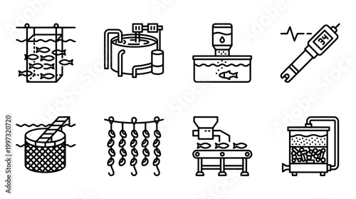 Aquaculture icons farming process and equipment illustrations