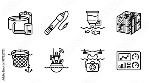 Aquaculture icons farm equipment technology and monitoring illustrations