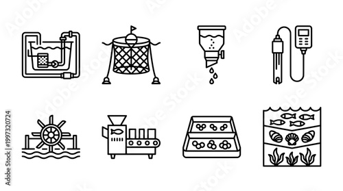 Aquaculture icons fish farming equipment and processes illustrated