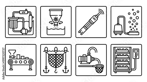 Aquaculture icons illustration of equipment process and elements for farming