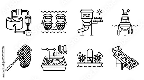 Aquaculture icons fish farming technology equipment and processes