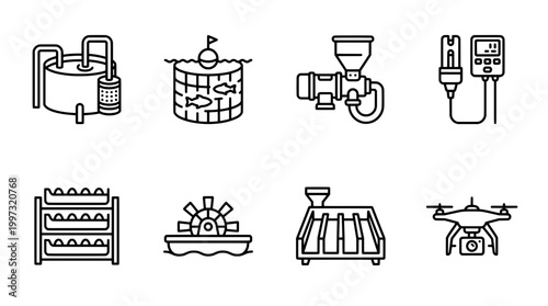 Aquaculture icons modern equipment for sustainable fish farming