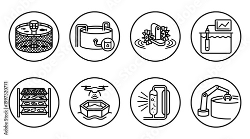 Aquaculture icons modern sustainable fish farming technology concepts