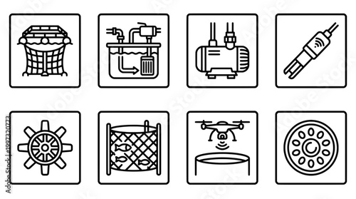 Aquaculture icons modern farming systems in line art design