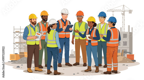 Construction Team Collaboration Diverse Workers on Building Site Industrial Project Planning Vector Illustration