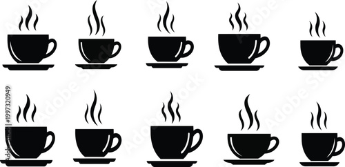set of coffee cups Icons, Black silhouette cups of coffee or tea steam rising pattern design