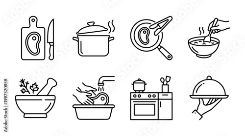Cooking process icons illustrating kitchen tools and food preparation in vector