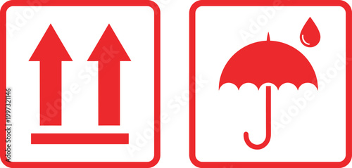 Shipping and Packaging Warning Icons with This Side Up Arrows and Keep Dry Umbrella Symbol for Logistics, Delivery, and Handling Labels Design