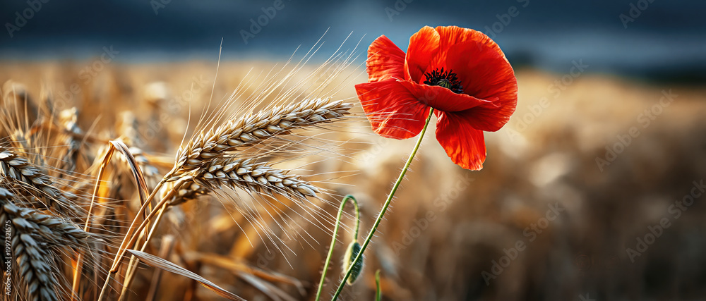 Fototapeta premium : Red Poppy Flower with Wheat Ears in Golden Field. AI generative.