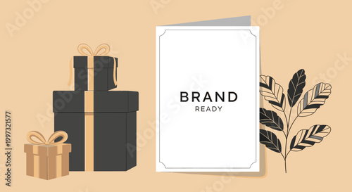 A minimalist composition featuring stacked gift boxes and a greeting card, set against a soft peach background with a decorative plant.