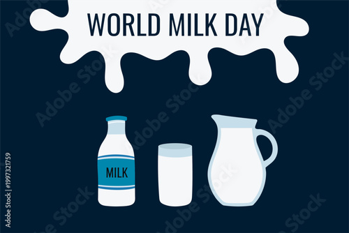 World Milk Day holiday banner. Concept of healthy eating and dairy products. Minimalistic vector art featuring dairy farm products for advertising and social media.