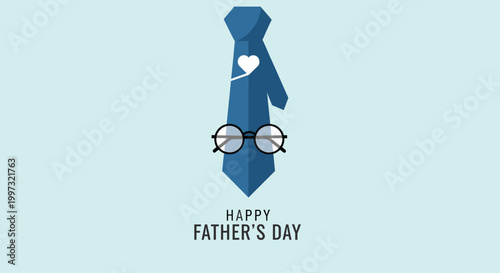 A minimalist illustration of a blue tie with glasses and a heart, celebrating Father's Day.