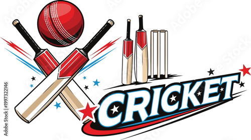 Cricket equipment illustration bats ball and wickets for sports promotion