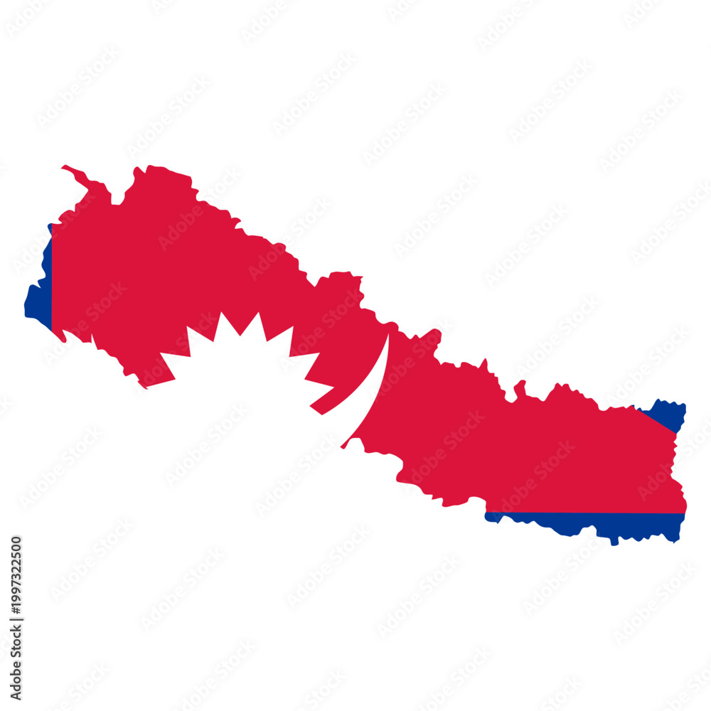 Fototapeta premium Nepal map silhouette with national flag pattern, red and blue Nepalese border outline, isolated vector illustration on white background
