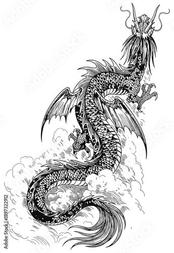 Winged Dragon Ascending Through Clouds — Detailed Engraving Style Illustration on Cream Background
